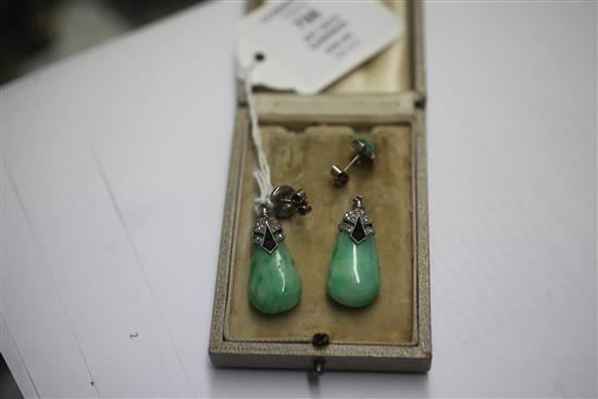 A pair of 1930s Art Deco jade, black onyx and diamond set pear shaped drop earrings, 1.5in.